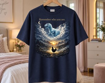Remember Who You Are Shirt, Funny Dinosaur Chicken T Shirt, Inspirational Ladies Graphic Tee, T Rex Mountain Sunset Shirt, Unique Gift