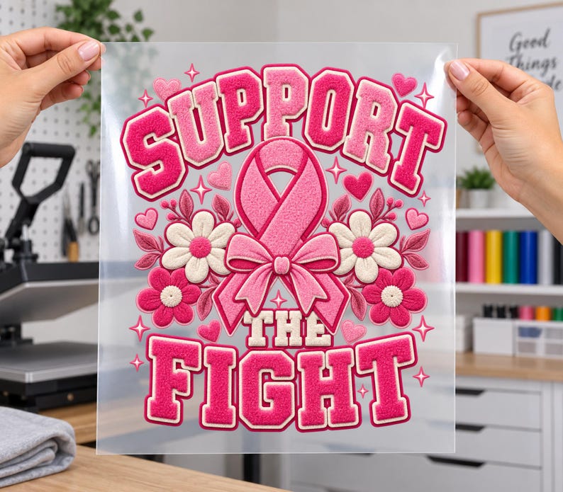 May include: A clear transfer sheet featuring a pink and white design with the text SUPPORT THE FIGHT in a bold, textured font. The graphic includes a central pink awareness ribbon, surrounded by pink and white flowers, hearts, and stars.