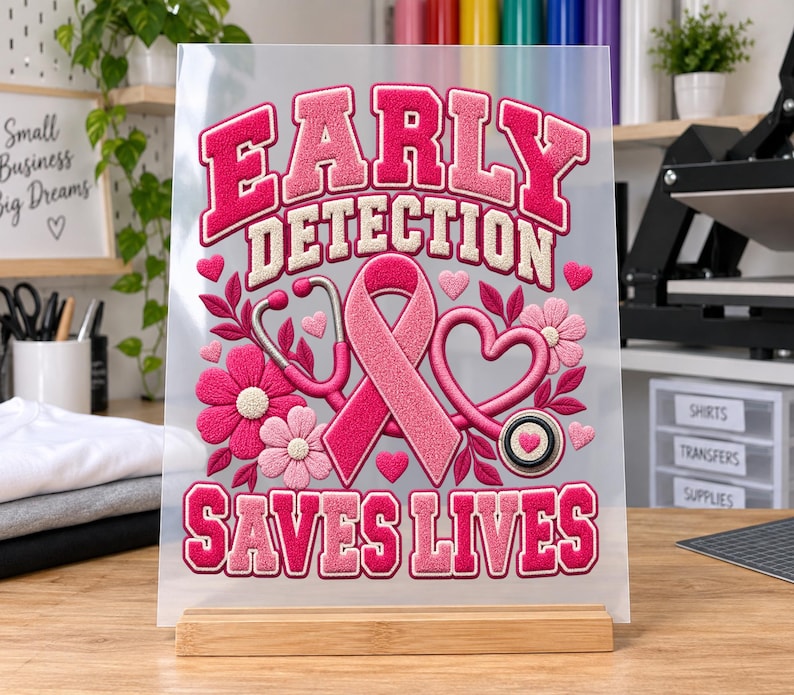 May include: A clear rectangular sheet featuring a pink breast cancer awareness ribbon, a stethoscope, and flowers. The text reads EARLY DETECTION SAVES LIVES in bold pink letters. The design includes small pink hearts and floral accents throughout.