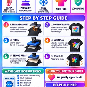 May include: An instructional infographic for DTF transfers featuring a step-by-step guide, temperature settings of 300&deg;F-325&deg;F, pressure requirements, cold peel instructions, wash care guidelines, and helpful hints for applying designs to garments.