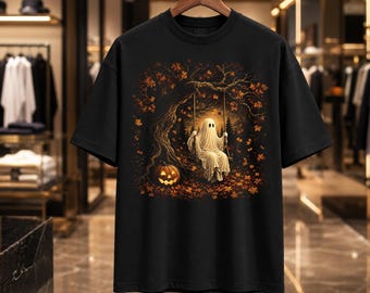 Halloween Shirt, Haunted House T-Shirt, Pumpkin Skeleton Tee, Halftone Knockout DTF Halloween Graphic