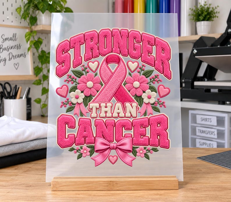 May include: A clear acrylic sign featuring a pink ribbon graphic with the text STRONGER THAN CANCER in bold pink letters. The design includes pink flowers, small white blossoms, green leaves, and a pink bow, all mounted on a wooden base.