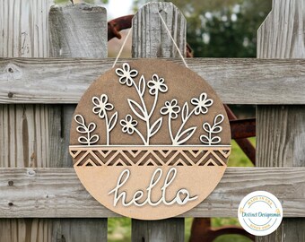 Hello door sign with flowers Laser Cut