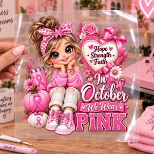 May include: A clear transfer sheet featuring a cartoon character with a pink leopard print headband, a pink sweater, and white sneakers. The design includes pink pumpkins, a heart with the text Hope Strength Faith, and the text In October We Wear PINK.