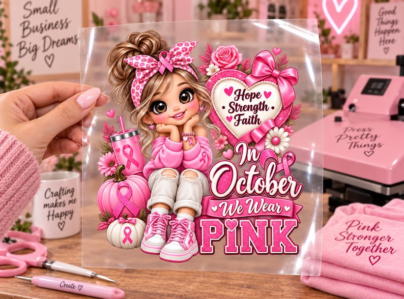 May include: A clear transfer sheet featuring a cartoon character with a pink leopard print headband, a pink sweater, and white sneakers. The design includes pink pumpkins, a heart with the text Hope Strength Faith, and the text In October We Wear PINK.