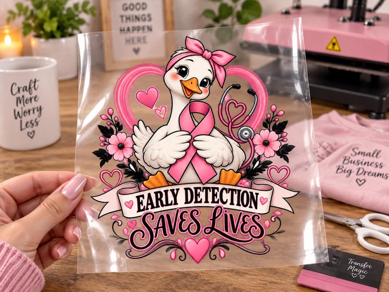 May include: A clear heat transfer sheet featuring a cartoon goose wearing a pink headband and holding a pink awareness ribbon. A stethoscope is draped around the goose, surrounded by pink hearts and flowers. The text reads Early Detection Saves Lives.