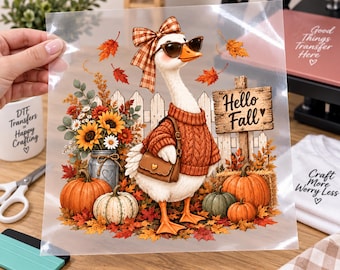 Hello Fall Goose DTF Transfer, Autumn Sweater, Pumpkins, Sunflowers (Ready to Press)