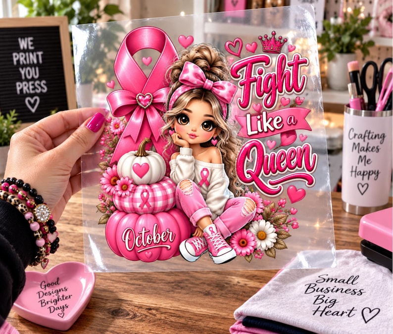 May include: A clear transfer sheet featuring a cartoon girl with brown hair, a pink bow, and pink sneakers sitting next to a stack of pink pumpkins. The design includes a pink awareness ribbon, pink flowers, and the text Fight Like a Queen and October.