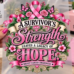 May include: A transparent transfer sheet featuring a pink ribbon, butterflies, and flowers surrounding the text A SURVIVOR'S Strength LEAVES A LEGACY OF HOPE. BREAST CANCER AWARENESS is printed at the bottom with decorative gold scrollwork accents.