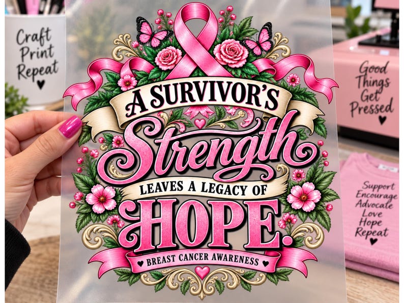 May include: A transparent transfer sheet featuring a pink ribbon, butterflies, and flowers surrounding the text A SURVIVOR'S Strength LEAVES A LEGACY OF HOPE. BREAST CANCER AWARENESS is printed at the bottom with decorative gold scrollwork accents.