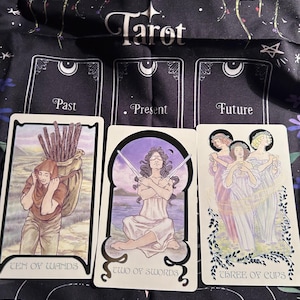 May include: Three tarot cards laid out on a black fabric with a moon and stars design. The cards are labeled "Past", "Present", and "Future". The Past card shows the Ten of Wands, the Present card shows the Two of Swords, and the Future card shows the Three of Cups.