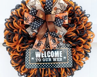 Halloween door decor Halloween spider web wreath Happy Halloween wreath orange and purple Halloween wreath