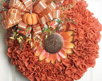 Fall Sunflower Burlap Wreath: Handmade Rustic Orange Sunflower, Pumpkin Decor