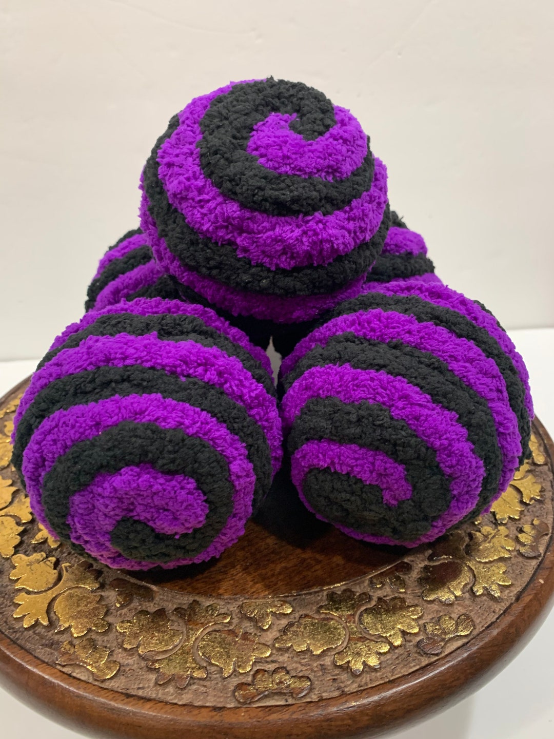 Purple and Black Halloween Decorative Yarn Ornament Balls, Wreath Attachment, Dough Bowl Filler