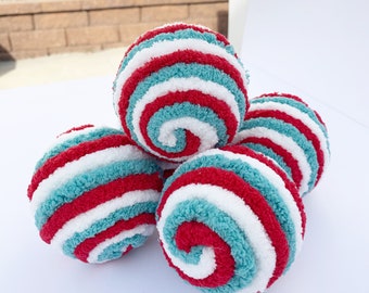 Candy Cane Stripe Swirly Balls, Decorative Yarn Ornament Balls, Wreath Attachments, Vintage Christmas, Dough Bowl Filler, Tiered Tray Decor