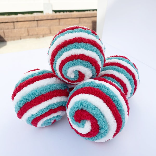 Candy Cane Stripe Swirly Balls, Decorative Yarn Ornament Balls, Wreath Attachments, Vintage Christmas, Dough Bowl Filler, Tiered Tray Decor