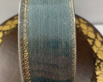 Blue Gray Canvas Ribbon w/Gold Trim, Spring Ribbon, WIRED 50 yd Roll 1.5 inch, Members Mark Ribbon, Bow Making Ribbon, Craft supply