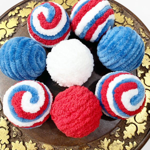 8 Mini Patriotic Decorative Yarn Ornament Balls, Red White and Blue, Wreath Attachments, Bowl Filler, 4th of July Decor, Tiered Tray Decor