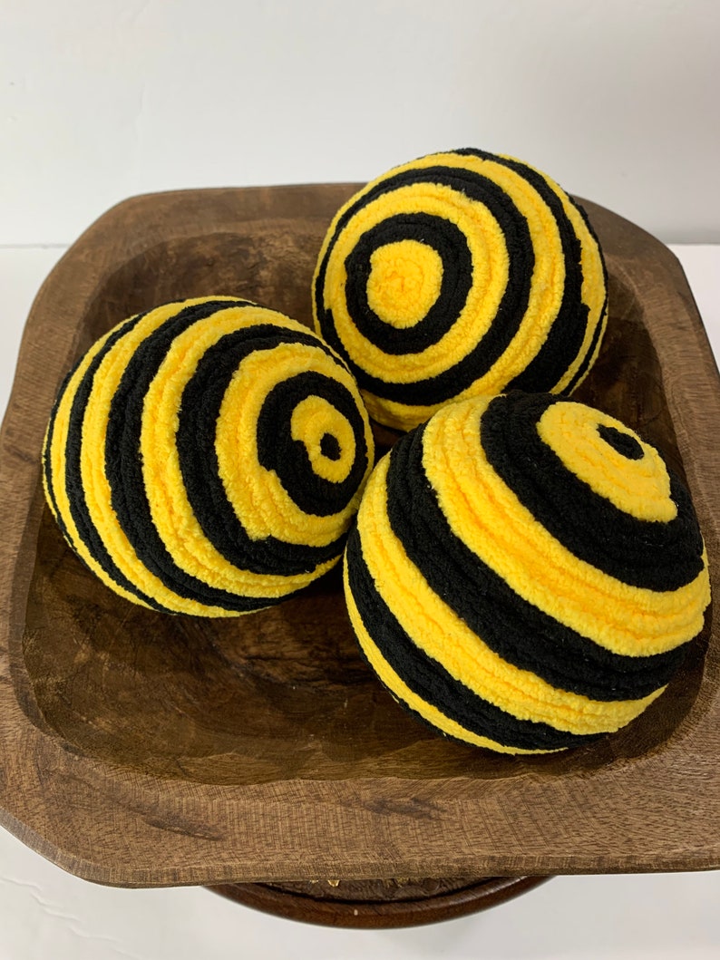 Black and Yellow Bee Home Decor Wreath Attachment Dough Bowl Fillers BumbleBee Decor Balls 4.1\u201d Decorative Yarn Ornament Tiered Tray