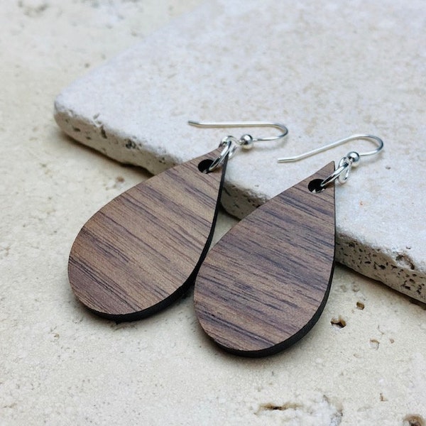 Wooden Teardrop Earrings in Walnut - Small