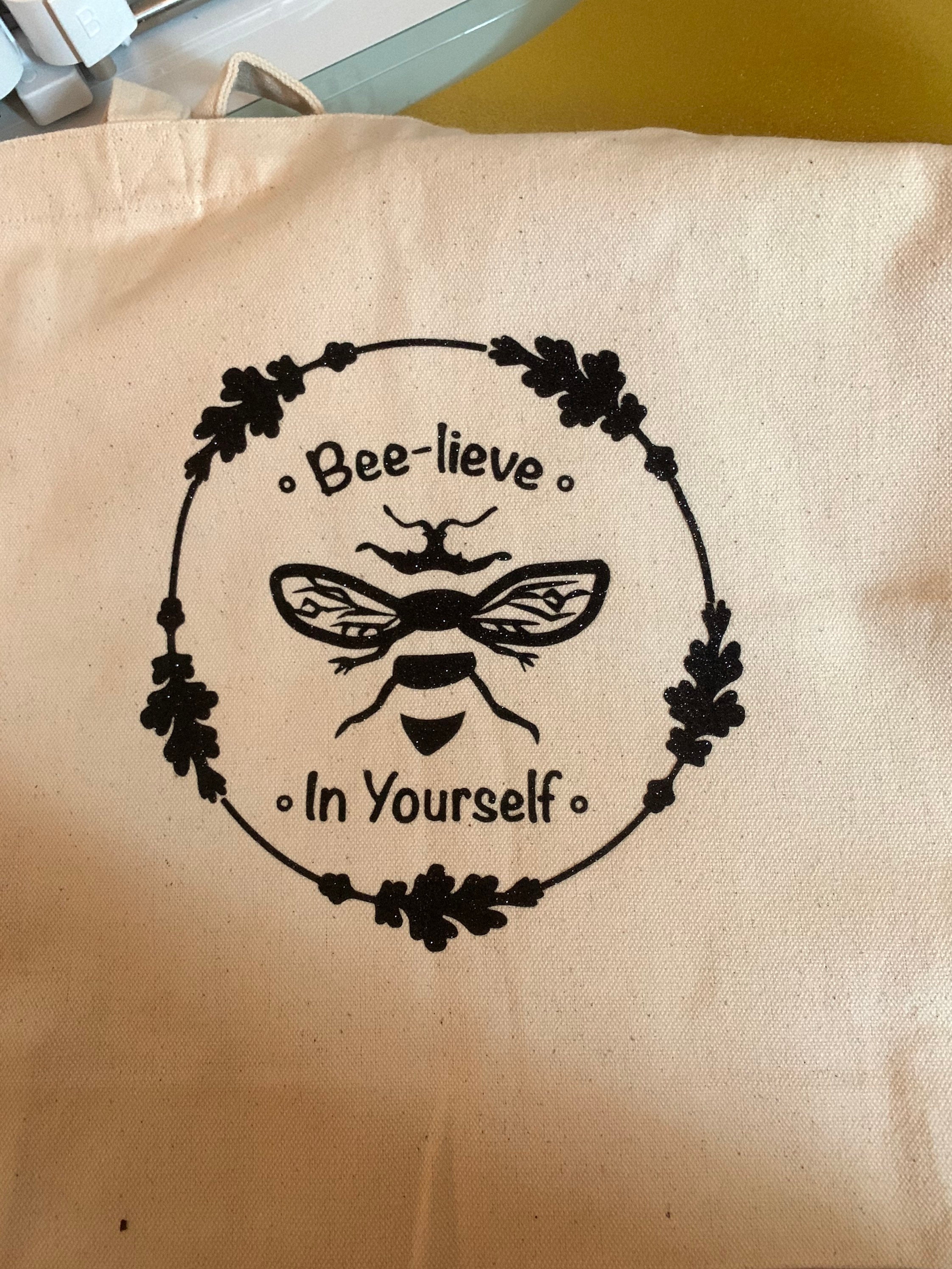 BeeLieve In Yourself Bee Black Glitter HTV Canvas Tote Bag Etsy