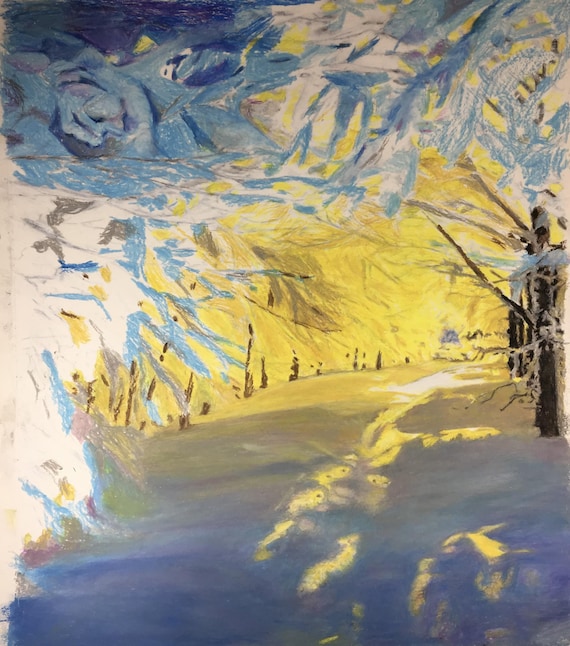 Original Art, Oil Pastel, Winter Scene, Sunny Winter Day, Fresh