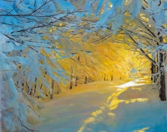 Original Art, Oil Pastel, Winter Scene, Sunny Winter Day, Fresh