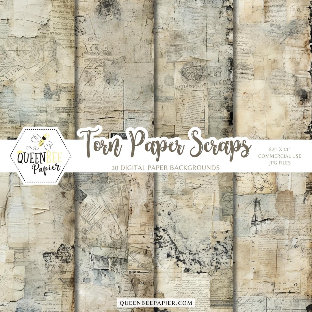 Torn Paper Scraps Digital Paper, Vintage Ripped Old Aged Mixed Media ...