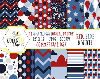 Red, White and Blue Digital Paper Pack Commercial Use, Nautical Scrapbooking Paper, 4th Of July Digital Scrapbook Paper, Independence Day