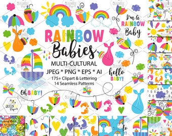 Baby Clipart, Baby Shower Clipart, Baby Shower Graphics, Baby Scrapbook Paper, Seamless Digital Paper, Rainbow Baby, COMMERCIAL USE