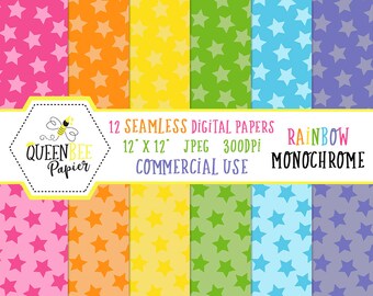 Rainbow Digital Paper Pack Commercial Use, Seamless Digital Scrapbook Paper Pack, Scrapbooking Paper, Rainbow Paper Pack, Stars, Backgrounds