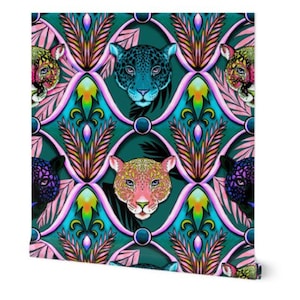 Fond d'écran Jaguar | Néon Jaguars Ogee | Décoller et coller | Papier peint tissé amovible | Image de fond | Fond d'écran convivial pour les locataires