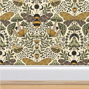 Natural Habitat Wallpaper | Peel and Stick | Removable Woven Wallpaper | Backdrop | Renter Friendly Wallpaper | Moths | Mushrooms | Nature