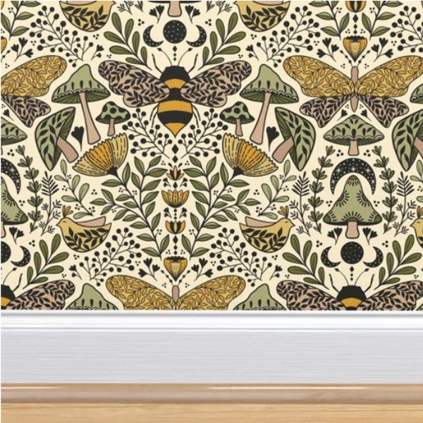 Natural Habitat Wallpaper | Peel and Stick | Removable Woven Wallpaper | Backdrop | Renter Friendly Wallpaper | Moths | Mushrooms | Nature