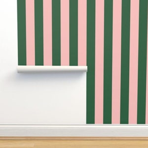 Carta da parati a strisce rosa verde larga / Carta da parati staccabile e adesiva / Carta da parati rimovibile / Sfondo / Carta da parati adatta agli inquilini / Carta da parati a foglie / Natura