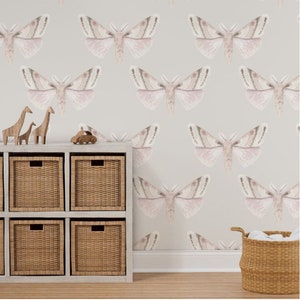 Pink Moths Wallpaper | Rust | Peel and Stick | Removable Woven Wallpaper | Backdrop | Renter Friendly Wallpaper | Moths | Mushrooms