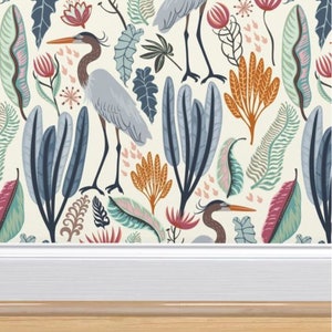 Heron and Plants Wallpaper | Peel and Stick | Removable Woven Wallpaper | Backdrop | Renter Friendly Wallpaper | Bird Wallpaper | Nature