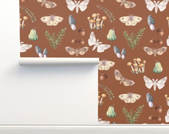 Autumn Moth & Mushroom Wallpaper | Woven Peel and Stick