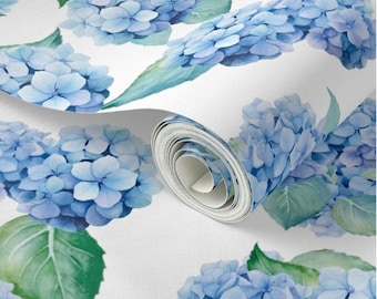Carta da parati staccabile e adesiva con ortensie blu / Rivestimento murale rimovibile con motivo floreale intrecciato