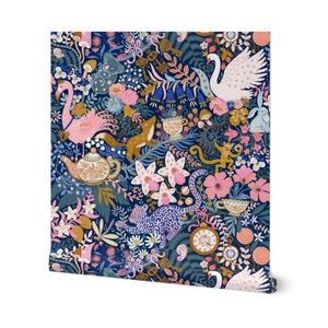 May include: A whimsical wallpaper design featuring a blue background with pink, gold, and white floral patterns. The design includes a variety of animals, including a flamingo, a swan, a fox, a monkey, and a leopard. There are also teacups, teapots, and clocks throughout the design.