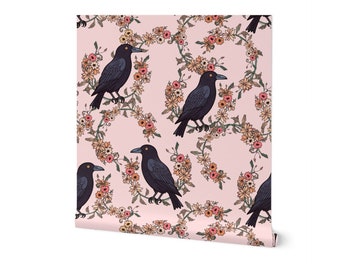 Fondo de pantalla floral de pájaro negro / Pelar y pegar / Fondo de pantalla extraíble / Telón de fondo / Fondo de pantalla apto para inquilinos / Fondo de pantalla de aves / Naturaleza