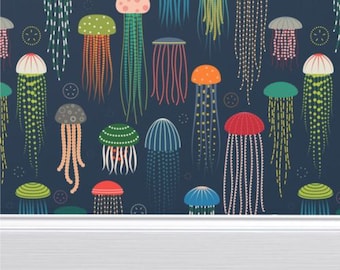Jellyfish Wallpaper | Just Jellies | Peel and Stick | Removable Woven Wallpaper | Backdrop | Renter Friendly Wallpaper | Nautical Wallpaper