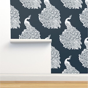 Royal Peacocks Wallpaper | Peel and Stick | Removable Woven Wallpaper | Backdrop | Renter Friendly Wallpaper | Bird Wallpaper | Nature