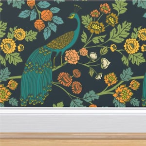 Peacock Garden Wallpaper | Peel and Stick | Removable Woven Wallpaper | Backdrop | Renter Friendly Wallpaper | Bird Wallpaper | Nature