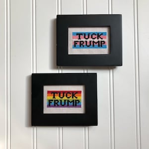 Peut inclure: Deux pièces de point de croix encadrées avec le texte "Tuck Frump" sur un fond blanc. La pièce du haut a un drapeau de fierté transgenre bleu clair, rose et blanc. La pièce du bas a un drapeau arc-en-ciel.