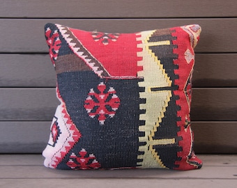 Black and Red Kilim Pillow, Black Kilim Pillow, Black Outdoor Pillow, Turkish Kilim Pillow, Bright Color Cushion, Arda Kilim Pillow