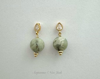 New Jade 14k Gold Filled Stud Earrings | Serpentine Earrings | Light Green Stone Earrings | Jade Earrings | Auspicious Jade Earrings