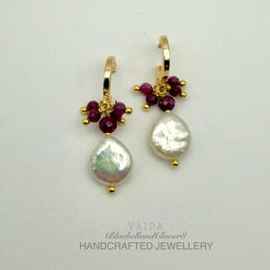 Keshi Pearl and Ruby 14K Gold Filled Earrings, Keshi Pearl and Ruby Hoop | Ruby and Pearl Statement earrings