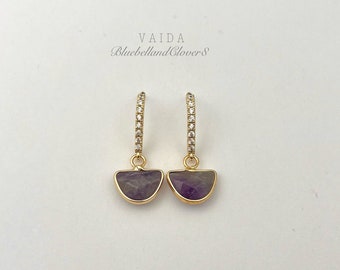 Natural Amethyst Fan Shape Gold earrings | Amethyst Gold Trim Earrings| Amethyst Earrings | Purple Stone earrings
