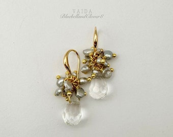 Grey Keshi pearls and Clear Quartz Drop Earrings | Gemstone Earrings | Keshi Pearl Earrings | Quartz Earrings